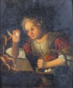 Manner of Godfried van Schalken (Dutch, 1643-1706), oil on metal panel, a figure carrying a basket,