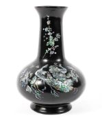 A Chinese 20th century black lacquer and papier mache vase, with compressed globular body,