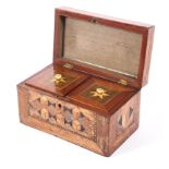 A Regency mahogany inlaid parquetry tea caddy, inset with chequered and geometric veneers,