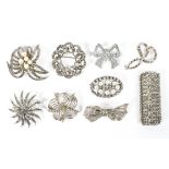 Nine marcasite brooches, of assorted sizes and designs,