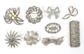 Nine marcasite brooches, of assorted sizes and designs,