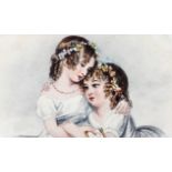 A Victorian portrait of two girls, watercolour and pencil, the two garlanded children embracing,