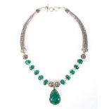 A 20th century synthetic malachite stone set Indian white metal necklace,