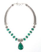 A 20th century synthetic malachite stone set Indian white metal necklace,