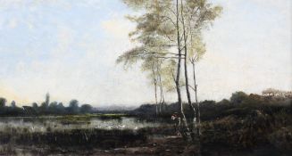 In the manner of Pierre D Trouillebert (French, 1829-1900), figure before a pond, oil on canvas,