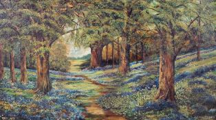 E J Matthews, (Mid-20th Century), pathway through spring woodland, oil on canvas,