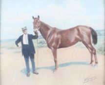 French, Early 20th Century School, pastel drawing on paper of a suited man and a racehorse,