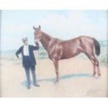 French, Early 20th Century School, pastel drawing on paper of a suited man and a racehorse,