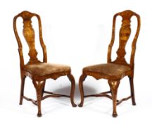 A pair of Dutch marquetry walnut side chairs, late 18th/early 19th century,