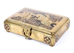 An Austrian Secessionist brass and exotic wood playing card box in the manner of Erhard & Sohne,