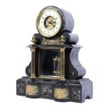 A Victorian slate and marble drum and scroll shaped mantel clock,