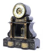 A Victorian slate and marble drum and scroll shaped mantel clock,