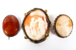 Two cameos: one late 19th century carved cameo, a smaller example, together with an agate brooch