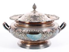A large silver plated two-handled circular soup-tureen, 20th century,