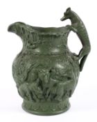 A Staffordshire green coloured stoneware relief moulded hunting jug, late 19th century,
