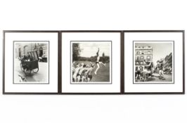 Three framed black and white prints, the images after early-mid 20th century photographs,