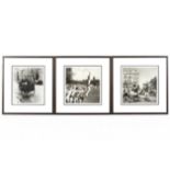 Three framed black and white prints, the images after early-mid 20th century photographs,
