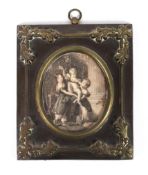 An engraving in a 19th century metal and brass scroll cast frame,