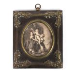 An engraving in a 19th century metal and brass scroll cast frame,