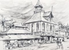 VLW Havilland (20th Century), pen and ink drawing of a market scene with colonial buildings,