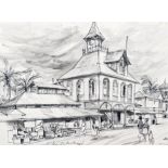 VLW Havilland (20th Century), pen and ink drawing of a market scene with colonial buildings,