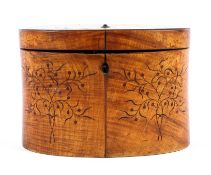 A Georgian satinwood tea caddy of oval form, the lid adorned with an inlaid fan motif,