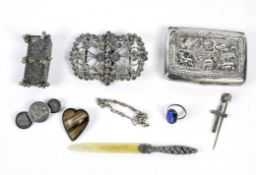 A collection of silver and white metal jewellery, to include a middle eastern cigarette case,