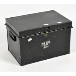 A metal document box, with handles to either side and marked 'MJP' to the front,
