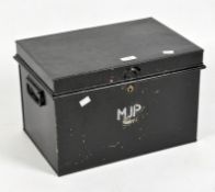 A metal document box, with handles to either side and marked 'MJP' to the front,