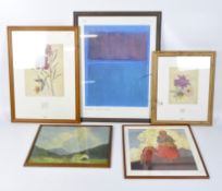 Five glazed and framed prints, including a Mark Rothko image and Mackintosh botanical prints,