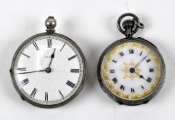 Two silver cased open faced fob watches, the smaller with highly engraved vase,