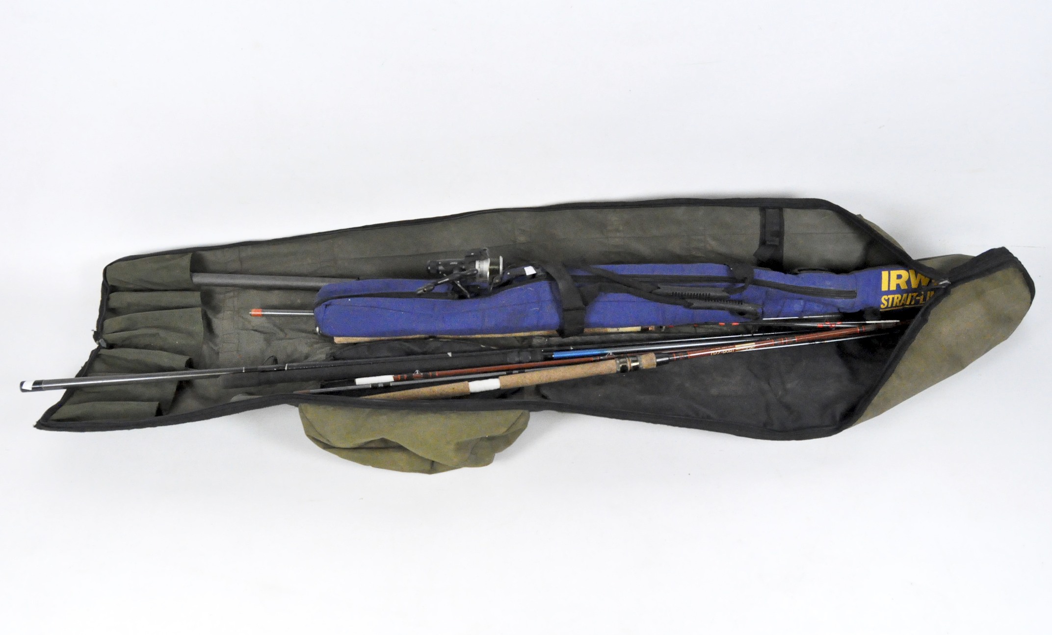 A collection of fishing rods and equipment, including a holdall, a seat box and accessories,