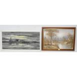 Two contemporary oil on canvases, the first depicting a riverside landscape scene,