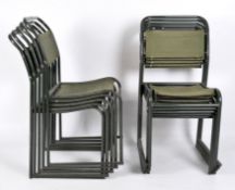 A set of ten vintage stacking chairs, of green metal tubular structure with fabric seat and back,