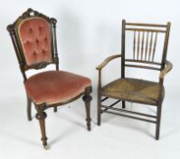 Two late 19th-early 20th century chairs, the first an Arts and Crafts armchair with a reeded seat,