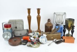 Mixed collectables, including wooden candlesticks, etui set,