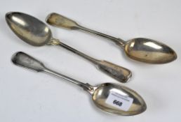 Three Victorian '800' silver spoons, with monograms to the handles, length 22cm,