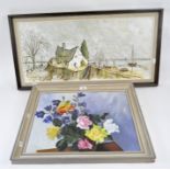 Two 20th century signed oil paintings, one of a cottage in a landscape, and a floral still life