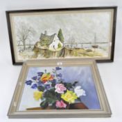 Two 20th century signed oil paintings, one of a cottage in a landscape, and a floral still life