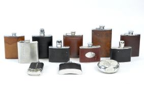 Twelve 20th century hip flasks, eleven with leather casing and of rectangular form,