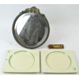 A vintage Barbola dressing table mirror and two Clarice Cliff plates of rectangular form,