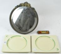 A vintage Barbola dressing table mirror and two Clarice Cliff plates of rectangular form,