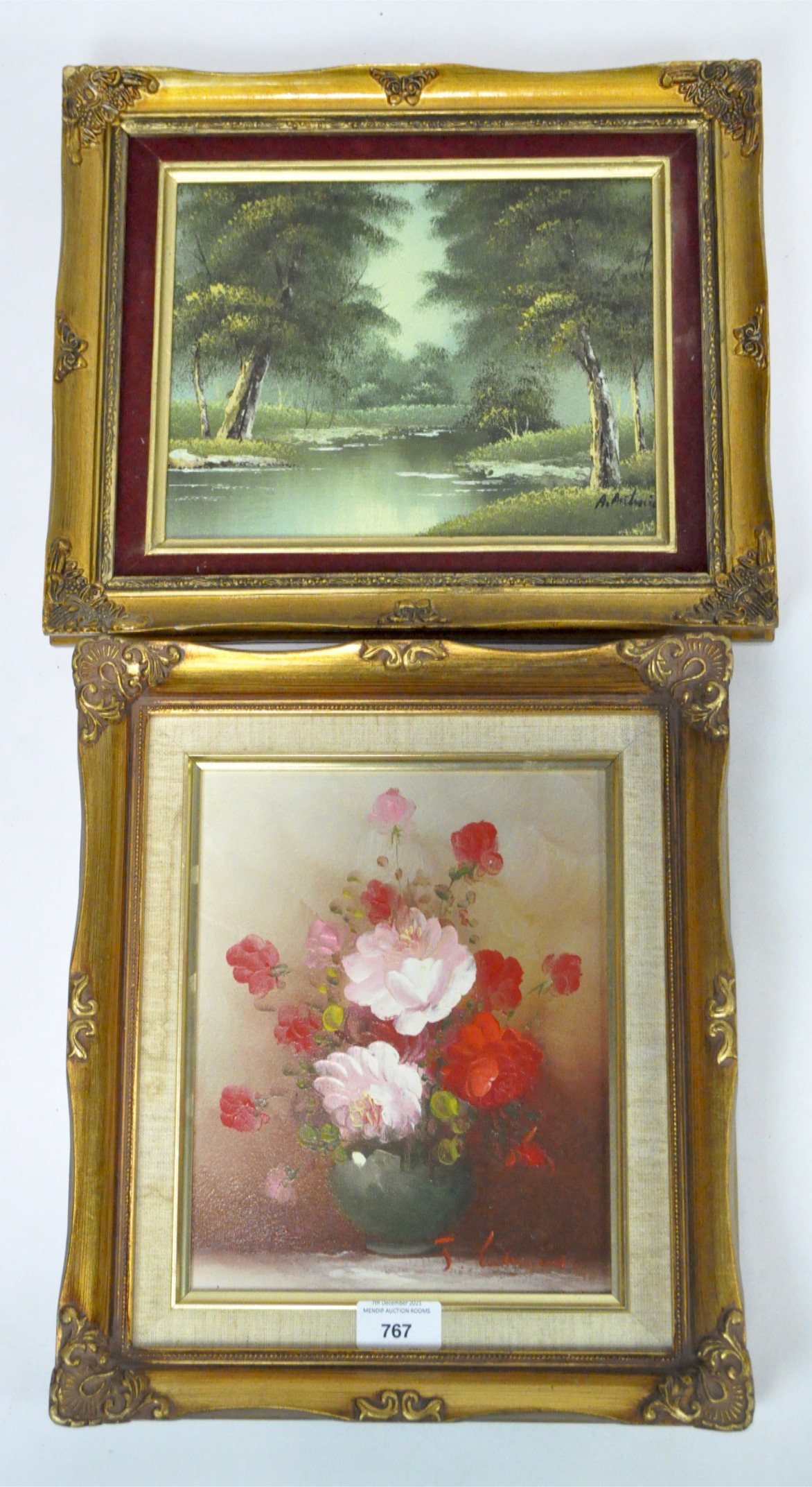 Two contemporary oils on boards, of a floral still life, and a riverside landscape