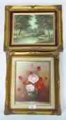 Two contemporary oils on boards, of a floral still life, and a riverside landscape