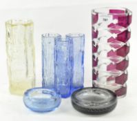 A collection of vintage glass vases and bowls to include two Whitefriars 9099 bubble bowls,