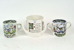 An unusually large Goss ceramic Tyg three handled drinking vessle, and two early 20th century mugs