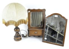An early 20th century oak mirror and shelf, dressing-table mirror, and turned wooden lamp
