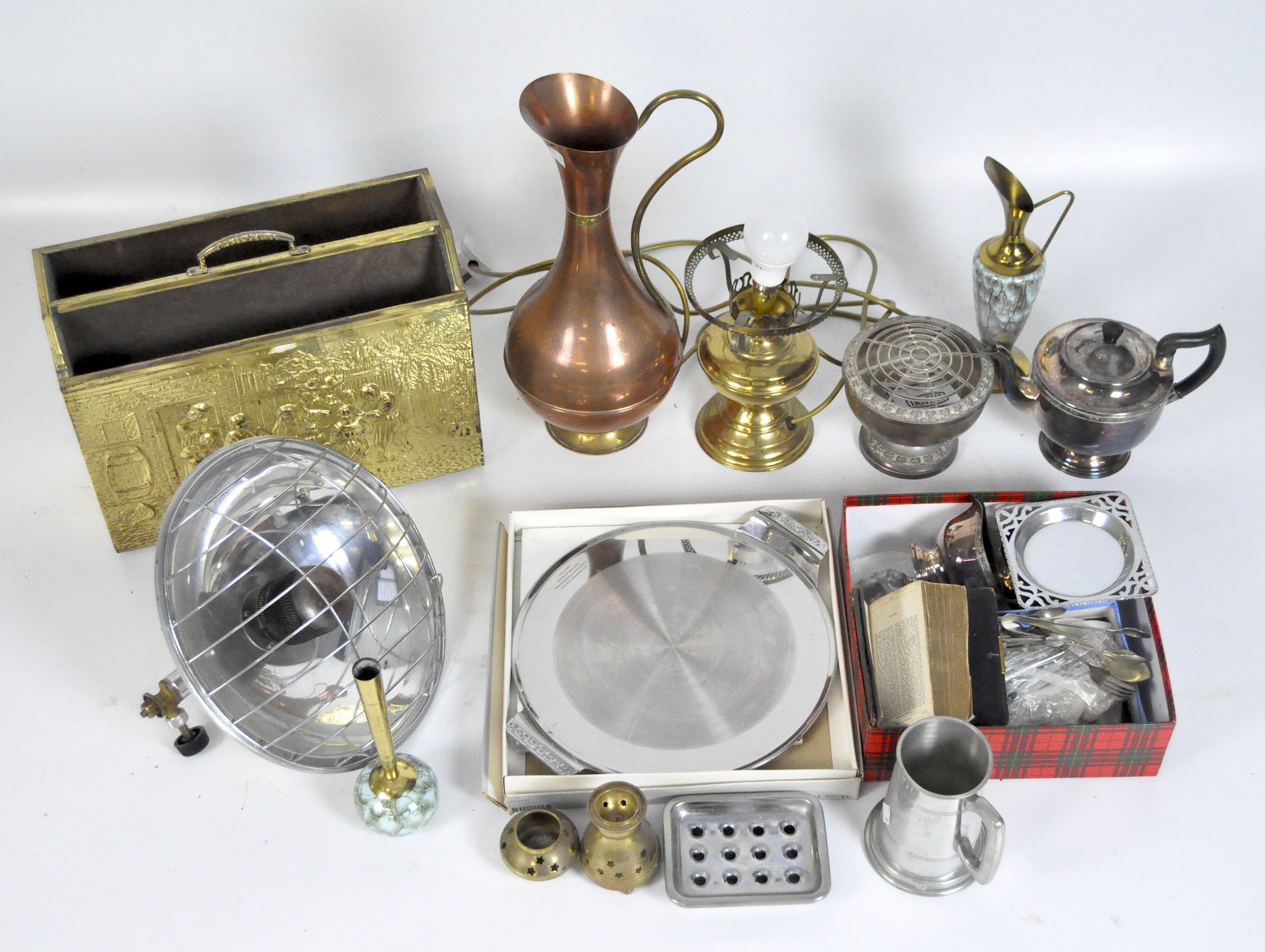 A large assortment of various metalware items, including Radar heater, silver plated teapot,