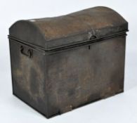 A domed metal trunk, possibly copper, with carry handles to either side,
