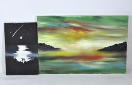 Two Stourton acrylic paintings, one of a coastal landscape, the other of a couple dancing